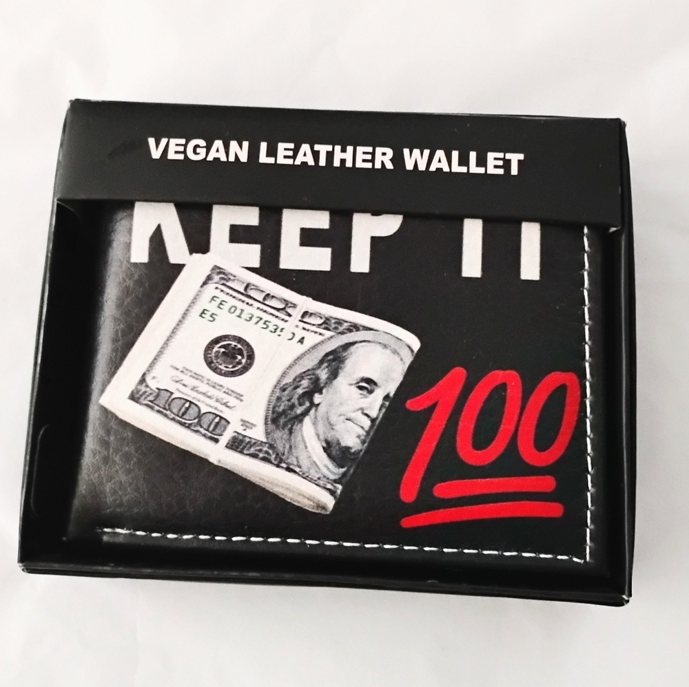 NWT! Men's Vegan Leather Black Wallet with Red '100' Accent